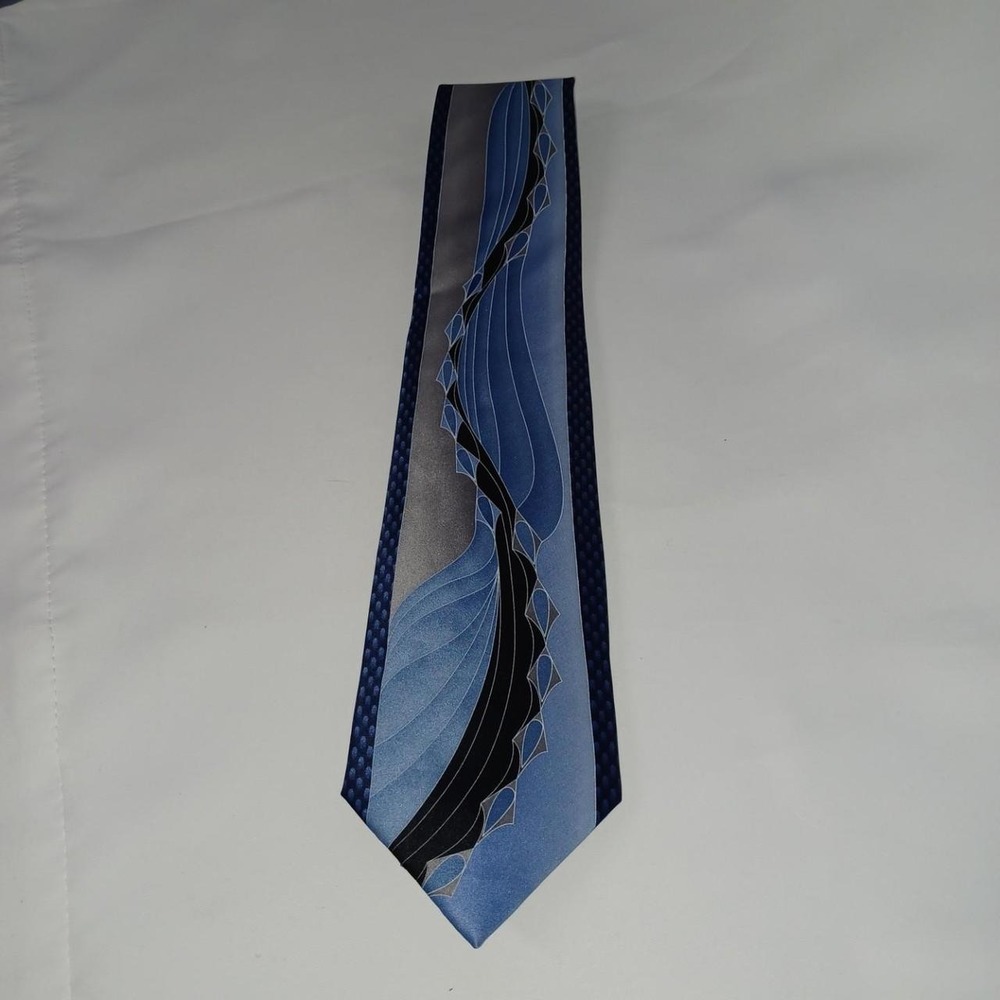 Martin Wong Collection blue and black abstract wave pattern tie